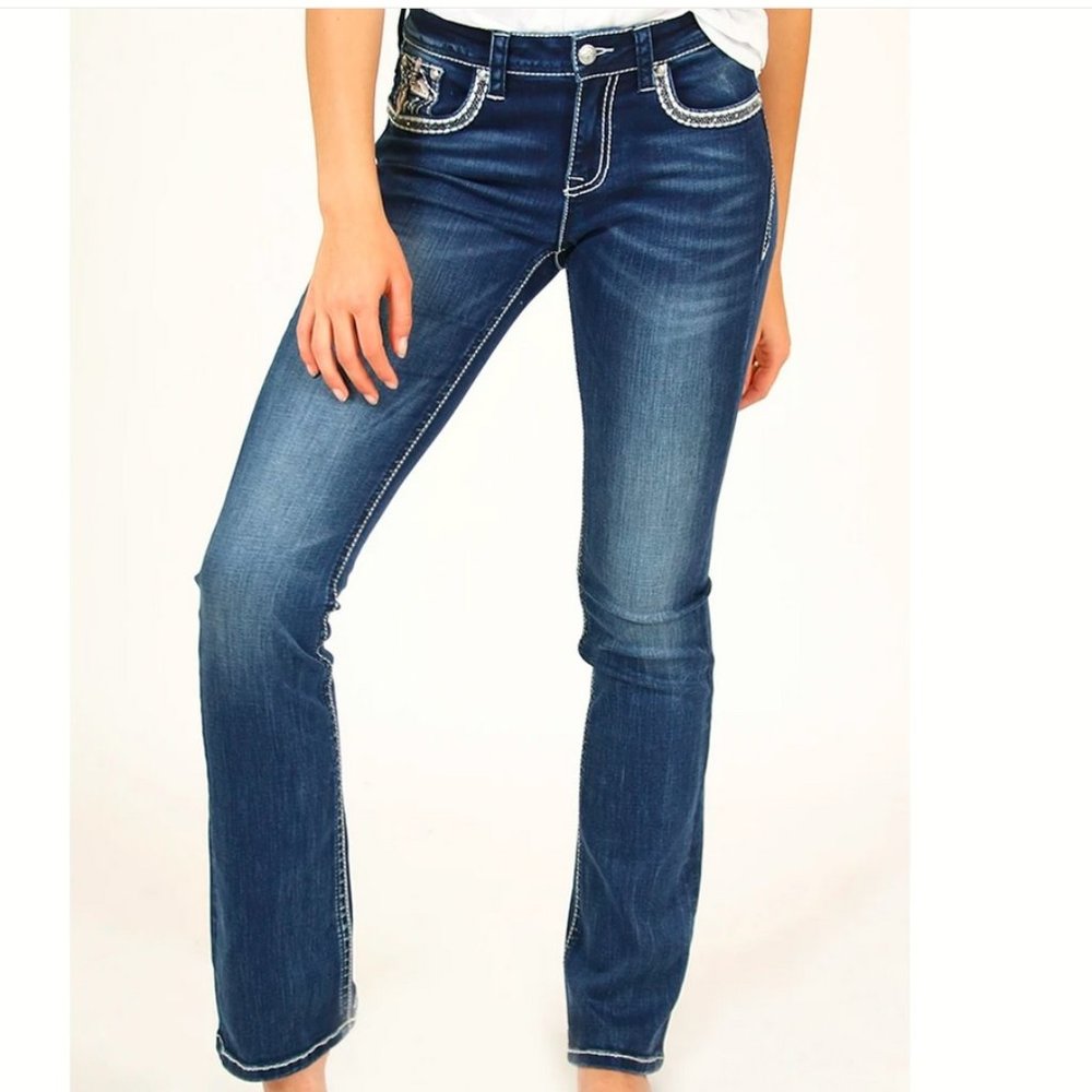 Grace In LA NEW Jeans Denim Embellished Jewel Stud Bead Mesh Slim Bootcut Womens